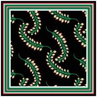 A square print scarf, black background features intertwining green vines with pink buds, framed by colorful stripes. vector