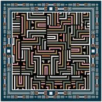 Abstract square print scarf, maze pattern with varying widths of lines in muted colors, framed by a decorative border of geometric shapes. vector