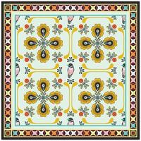 A vibrant square print scarf, pattern featuring yellow flowers, small birds, and intricate floral designs, bordered by colorful geometric shapes. vector
