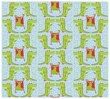 A playful pattern featuring cartoon alligators and a quirky cat on a light blue background with colorful shapes and dots. vector