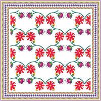 A vibrant square print floral scarf pattern featuring red flowers and purple berries on a white background, border with colorful designs. vector