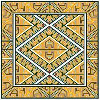 Intricate square print scarf geometric pattern featuring vibrant yellow, green, and red lines, forming a central diamond within a square border. vector