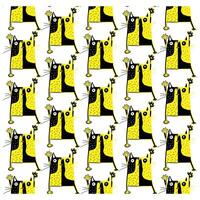 Pattern of whimsical, cartoon style black and yellow cats with quirky expressions, displayed in a repeating grid on a white background. vector