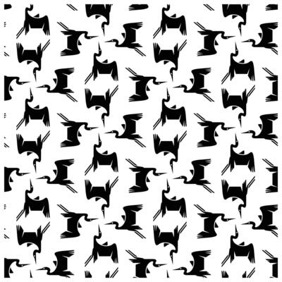 A black and white pattern featuring stylized birds in various poses, creating a dynamic, repetitive design on a white background.