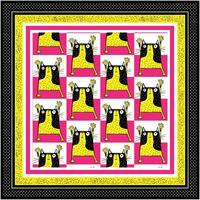A colorful square pattern featuring stylized black and yellow cats with raised paws against a pink and white backdrop, framed by bold borders. vector