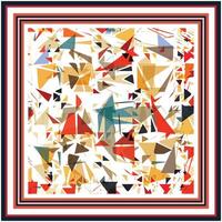 A colorful square scarf, abstract pattern filled with sharp triangles and geometric shapes, framed by bold striped borders in red and black. vector