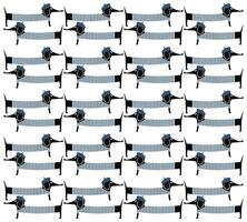 A playful pattern of cartoonish dachshunds wearing blue berets, interacting with black vertical lines on a white background. vector