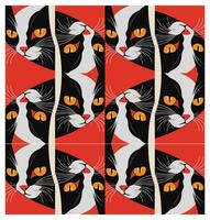 A geometric pattern featuring stylized black and white cats with bright orange eyes against a bold red background. vector
