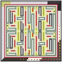 A colorful square print scarf, geometric pattern of vertical and horizontal lines in green, red, black, and white, bordered by a polka dot frame. vector