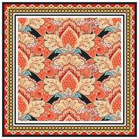 square print floral scarf print, pattern in warm colors, featuring large blossoms and leaves, border with geometric designs in contrasting hues. vector