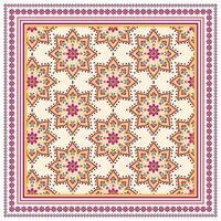 A vibrant square print scarf pattern featuring colorful floral stars on a cream background, border with intricate geometric designs. vector