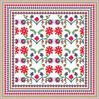 A vibrant print floral scarf pattern featuring red and purple flowers surrounded by colorful borders, set against a white background. vector