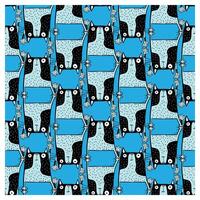A repeating pattern of playful black and blue cartoon cats, featuring whimsical expressions and floral accents against a light background. vector