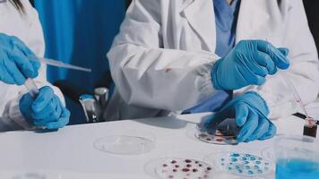 Two people in lab coats and gloves are working on a test tube video