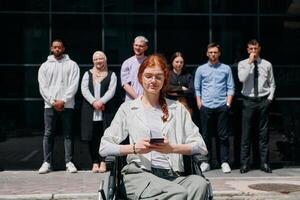 A diverse and confident group of businessmen posing together, with a businesswoman in a wheelchair radiating success, ambition, and unity, capturing the essence of a dynamic and inspiring business photo