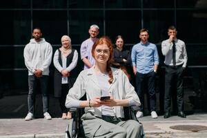 A diverse and confident group of businessmen posing together, with a businesswoman in a wheelchair radiating success, ambition, and unity, capturing the essence of a dynamic and inspiring business photo