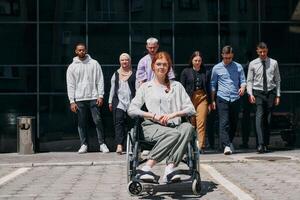 A diverse and confident group of businessmen posing together, with a businesswoman in a wheelchair radiating success, ambition, and unity, capturing the essence of a dynamic and inspiring business photo