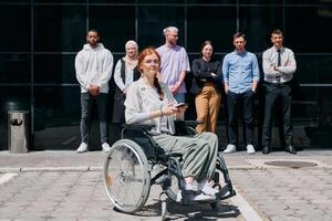 A diverse and confident group of businessmen posing together, with a businesswoman in a wheelchair radiating success, ambition, and unity, capturing the essence of a dynamic and inspiring business photo