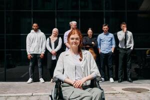 A diverse and confident group of businessmen posing together, with a businesswoman in a wheelchair radiating success, ambition, and unity, capturing the essence of a dynamic and inspiring business photo