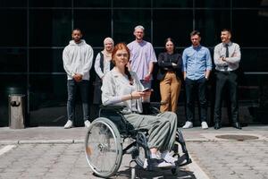 A diverse and confident group of businessmen posing together, with a businesswoman in a wheelchair radiating success, ambition, and unity, capturing the essence of a dynamic and inspiring business photo