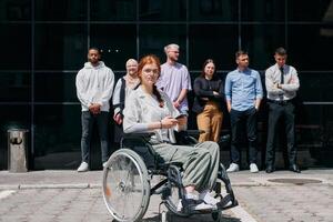 A diverse and confident group of businessmen posing together, with a businesswoman in a wheelchair radiating success, ambition, and unity, capturing the essence of a dynamic and inspiring business photo