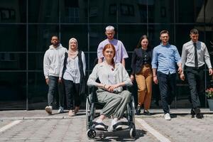 A diverse and confident group of businessmen posing together, with a businesswoman in a wheelchair radiating success, ambition, and unity, capturing the essence of a dynamic and inspiring business photo