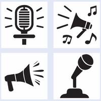 Creative Monochrome Microphone Megaphone and Speaker Icon Set silhouette on white background vector