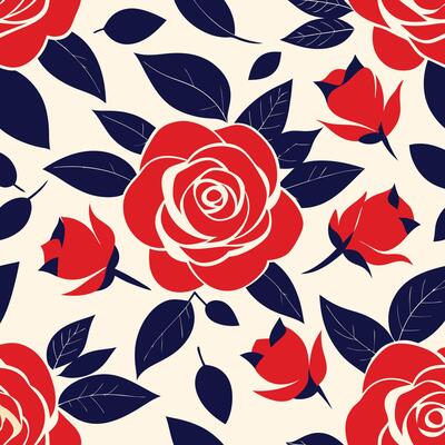 A red and blue rose pattern with leaves