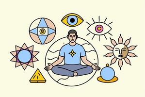 Man meditating with various symbols around him vector