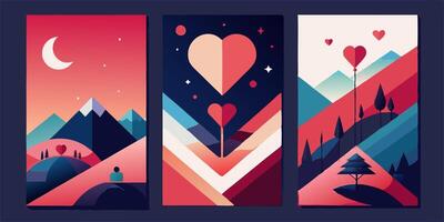 Three banners with mountains, trees and hearts vector