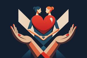 Two hands holding a heart with two women in the background vector