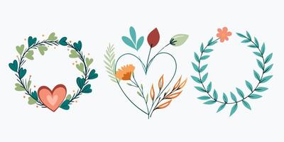 Three floral wreaths with hearts and leaves vector