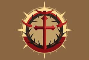 The cross of christ in a circle with a crown of thorns vector