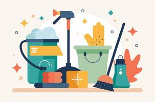 Cleaning supplies and tools are arranged in a flat design vector