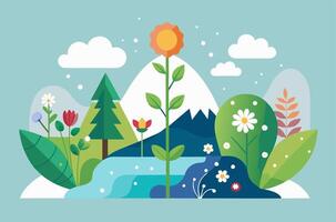 An illustration of a mountain and flowers vector