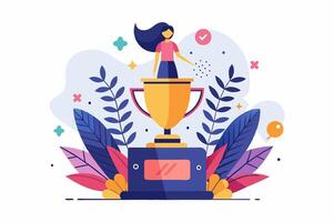 A woman is standing on top of a trophy with a cup and flowers vector