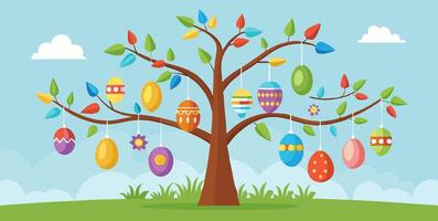 Easter tree with colorful eggs hanging from it vector
