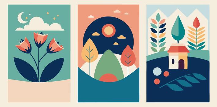 Three banners with different landscapes and trees vector