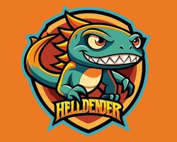 A cartoon lizard with the word hell defender on it vector