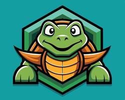 A turtle mascot with a green shell and yellow eyes vector