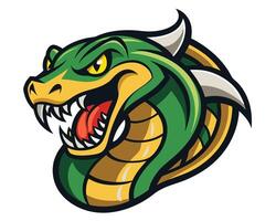 A green and yellow snake head with fangs vector