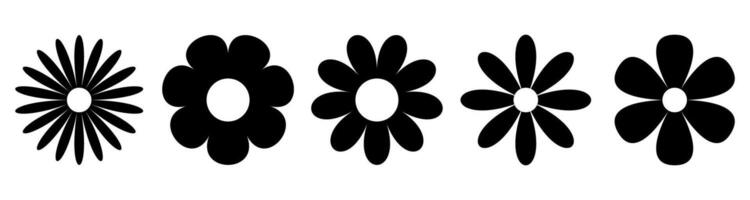 Black silhouette set of five Daisy Chamomile flowers with different petal shapes, floral illustration for design, stickers, prints, and decorations vector