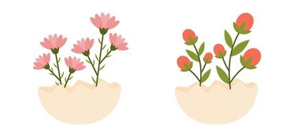 Beautiful Decorative Composition of Blooming Flowers Growing from Cracked Eggshell. Symbolizing Easter, Spring, and the Renewal of Life vector