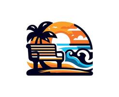 Beach bench with palm tree and sunset illustration vector