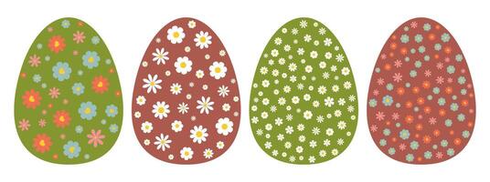Set of four Easter eggs with floral patterns, decorative spring holiday design with Daisy Chamomile and wildflower ornaments, illustration for greeting cards, prints, and digital use vector