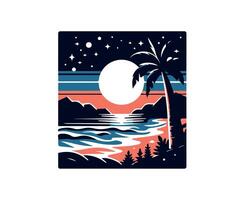 A poster with a palm tree and the ocean at night vector