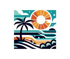 A colorful poster with a palm tree and the sun vector