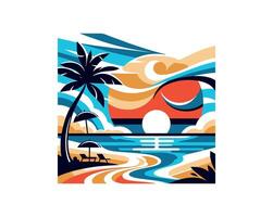 A poster with a beach scene and palm trees vector