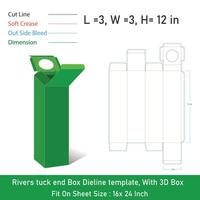 Rivers tuck end Box Dieline template, With 3D Box,Size 3x3x12 in, File vector