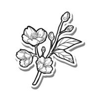 Small Twig Sakura Outline on white silhouette and gray shadow. Hand drawn cartoon style. illustration for decorate, coloring and any design. vector